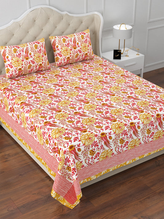 Pink & Yellow Ranthambore Reminiscence Cotton Double Bedsheet with 2 Pillow Covers