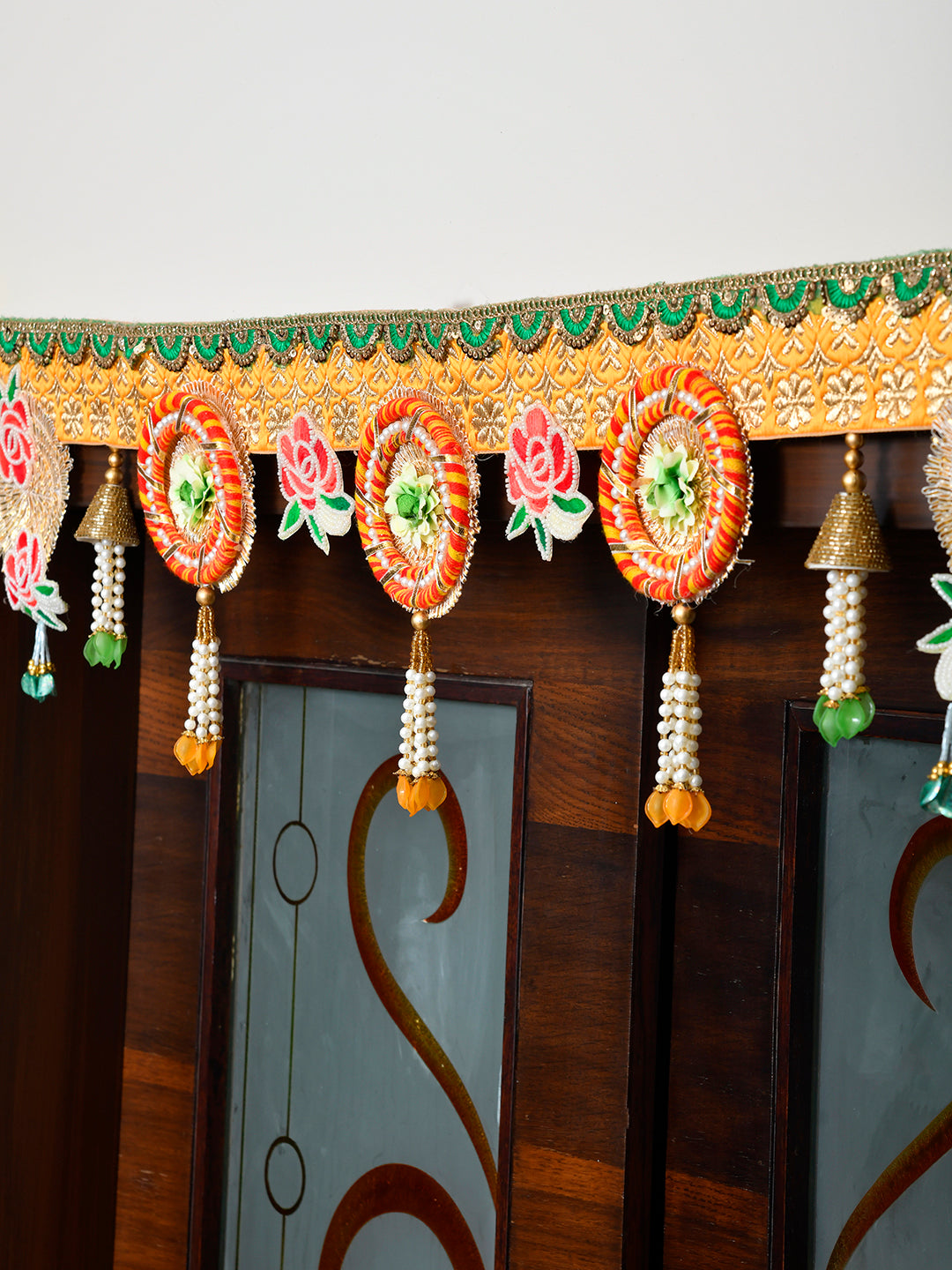 Yellow & Gold Toned Embroidered Beaded Tassel Door Toran