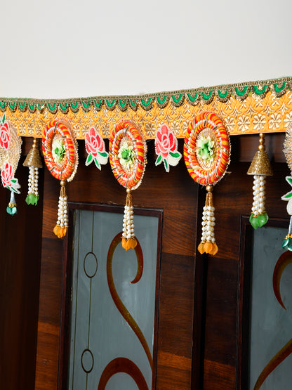 Yellow & Gold Toned Embroidered Beaded Tassel Door Toran