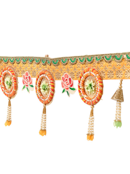 Yellow & Gold Toned Embroidered Beaded Tassel Door Toran
