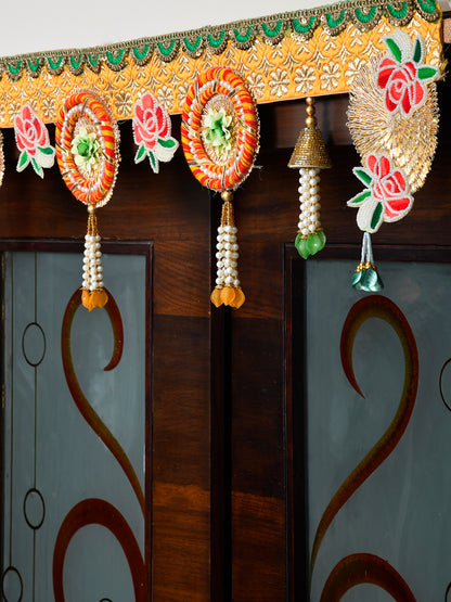 Yellow & Gold Toned Embroidered Beaded Tassel Door Toran