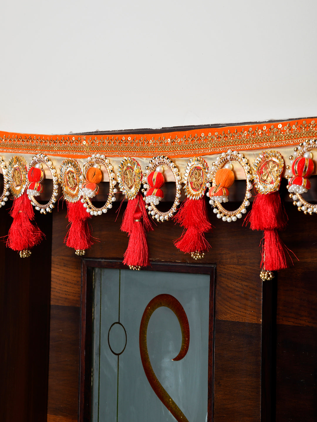 Red & Beige Embroidered Beaded Door Toran