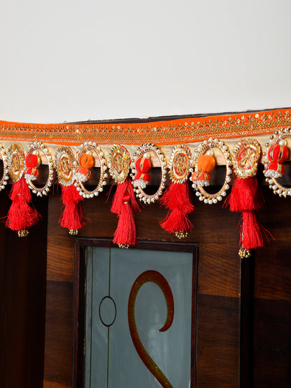 Red & Beige Embroidered Beaded Door Toran