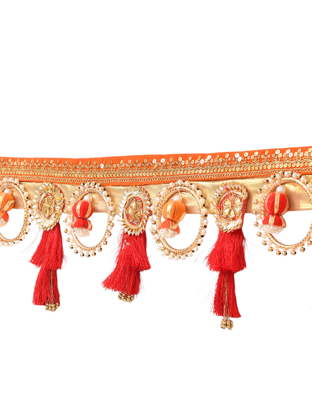 Red & Beige Embroidered Beaded Door Toran