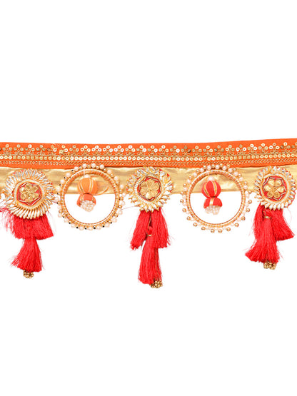 Red & Beige Embroidered Beaded Door Toran