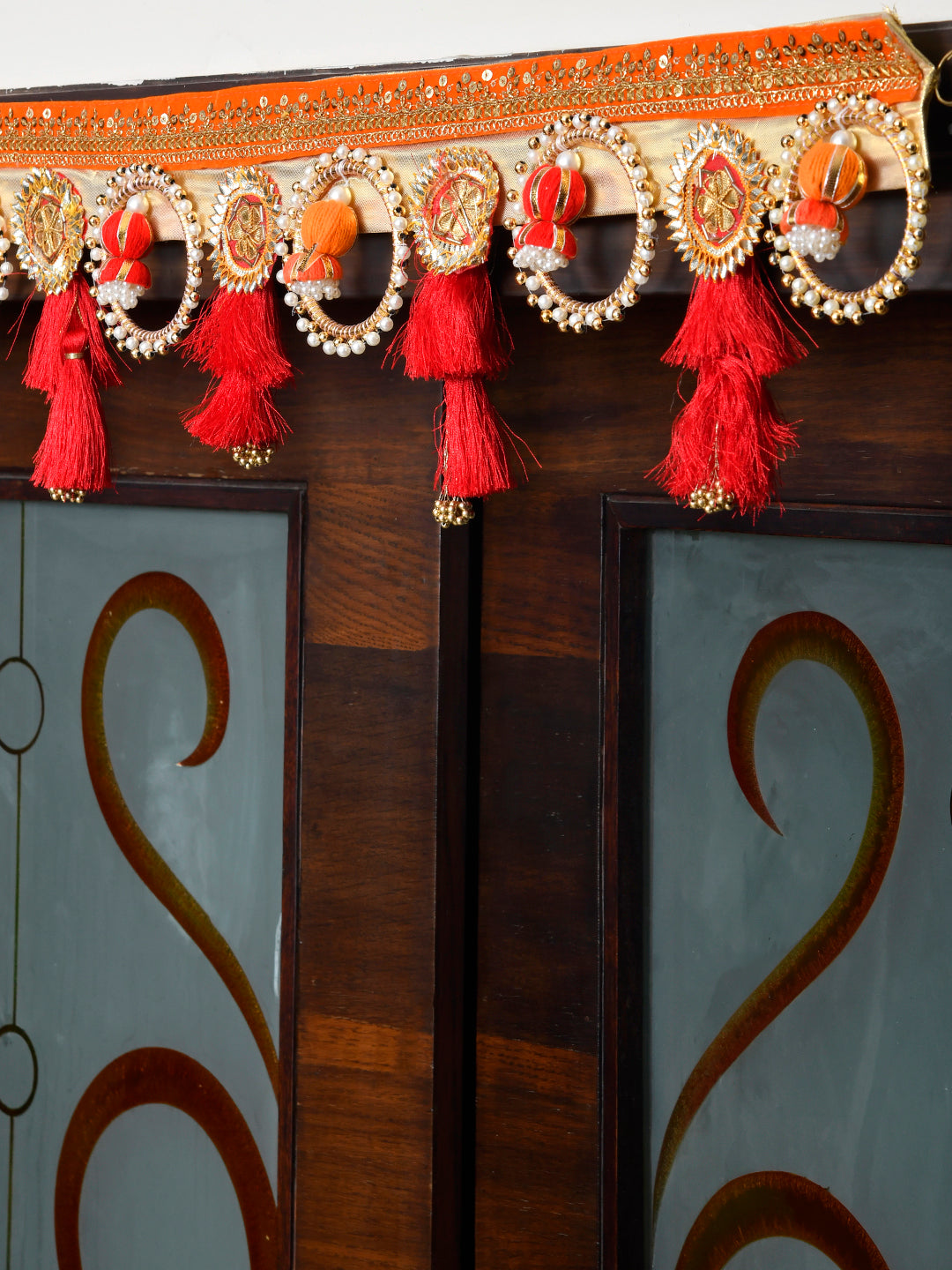Red & Beige Embroidered Beaded Door Toran