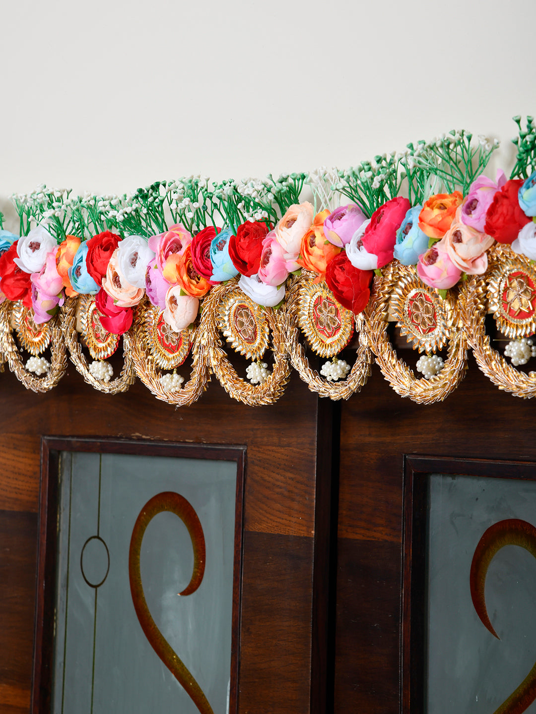 Gold Toned & Red Floral Beaded Door Toran