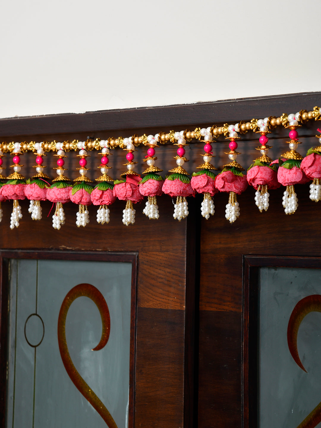 Gold Toned & Pink Floral Beaded Door Toran