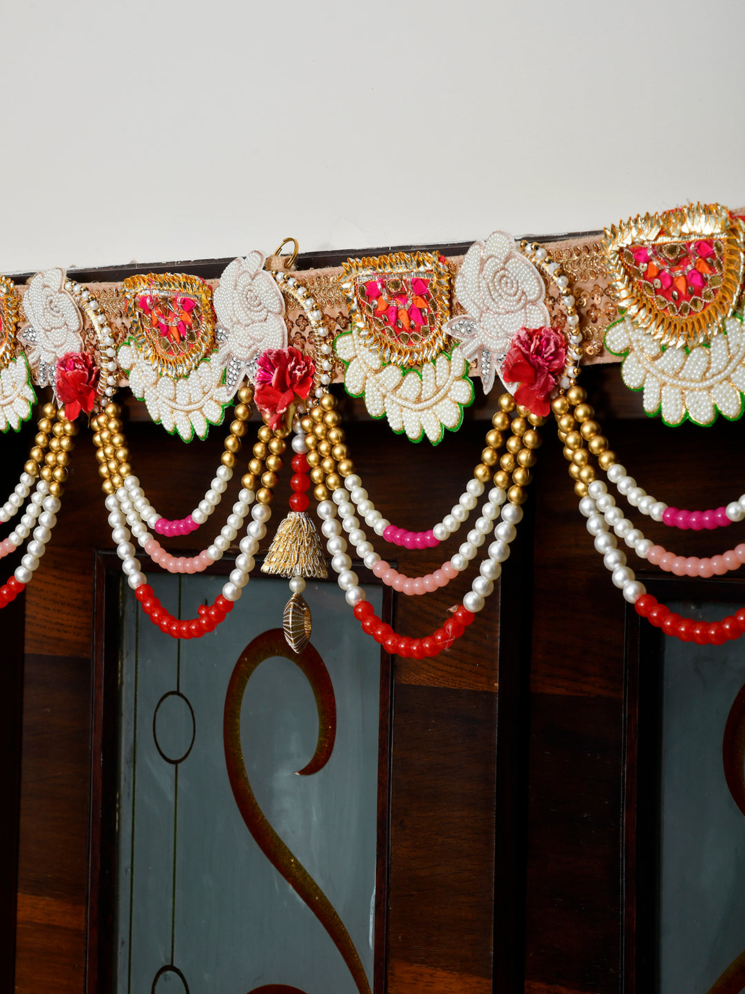 Gold Toned & White Beaded Door Toran