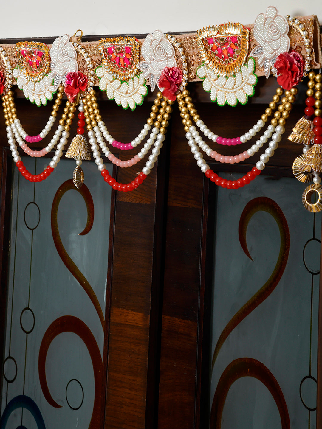 Gold Toned & White Beaded Door Toran
