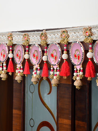 Pink & White Embroidered Beaded Tassel Door Toran
