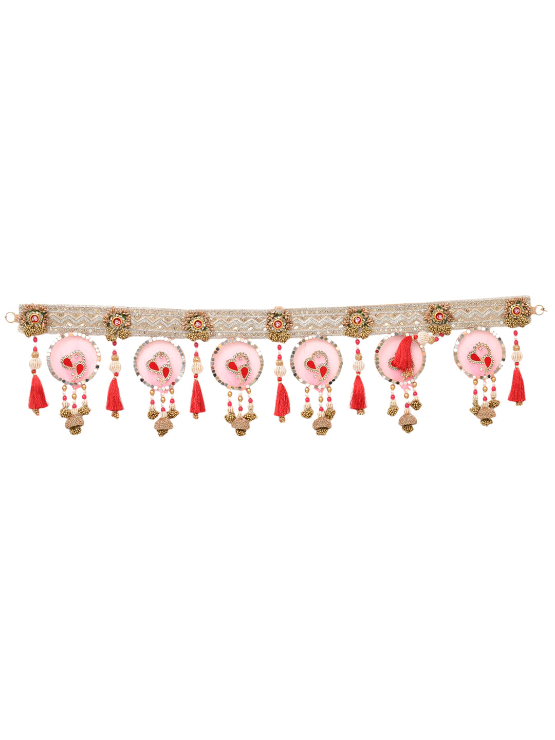 Pink & White Embroidered Beaded Tassel Door Toran