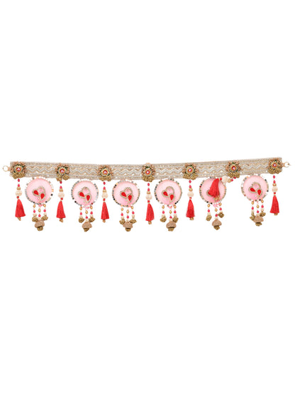 Pink & White Embroidered Beaded Tassel Door Toran