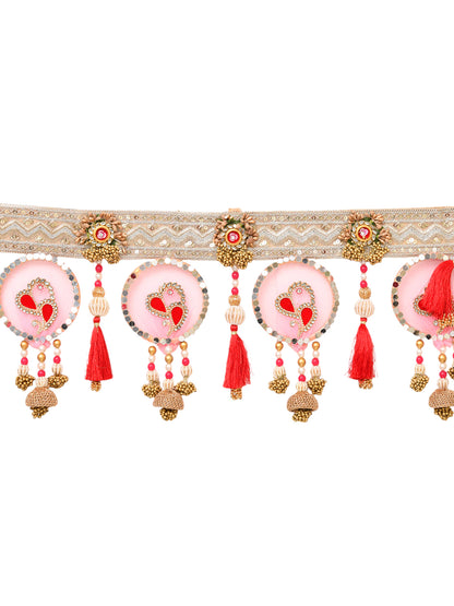 Pink & White Embroidered Beaded Tassel Door Toran