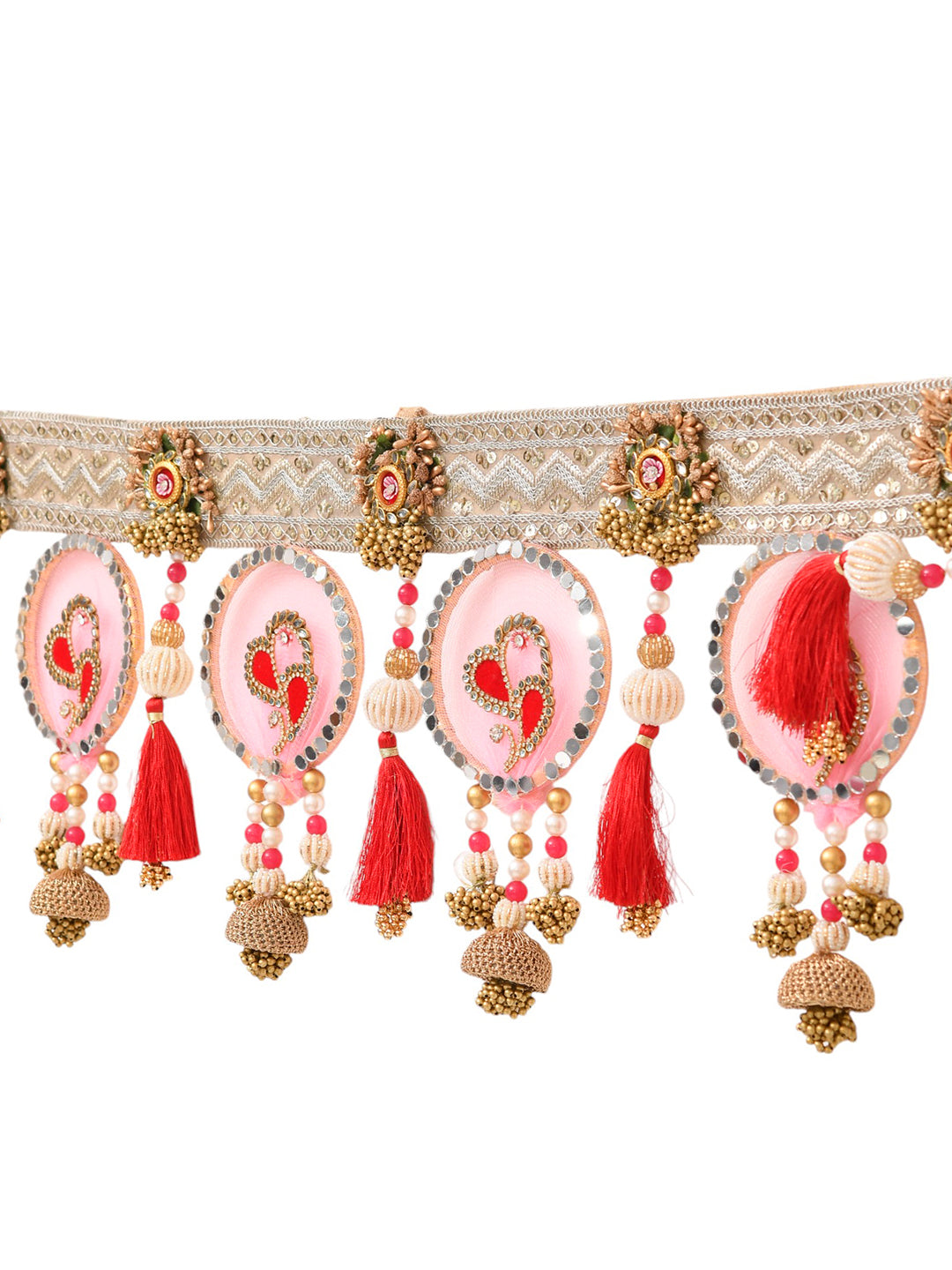 Pink & White Embroidered Beaded Tassel Door Toran