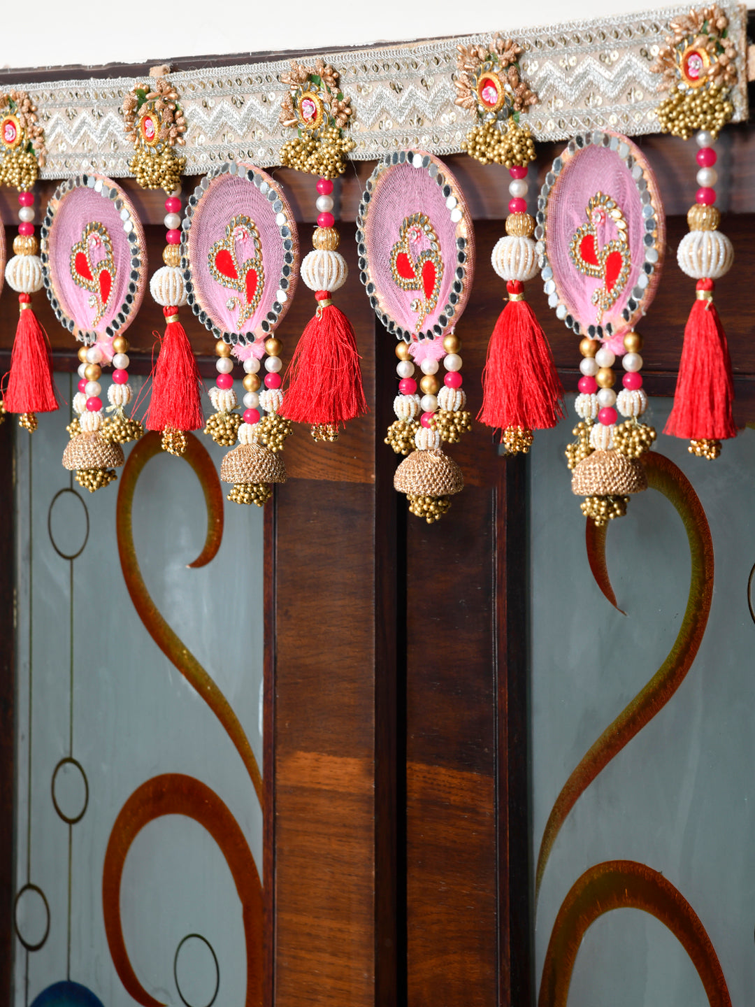 Pink & White Embroidered Beaded Tassel Door Toran