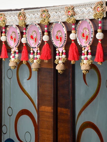 Pink & White Embroidered Beaded Tassel Door Toran