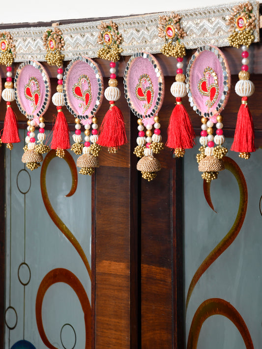 Pink & White Embroidered Beaded Tassel Door Toran