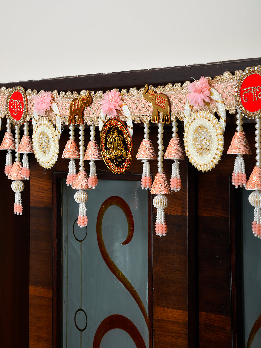 Pink & White Embroidered Beaded Tassel Door Toran