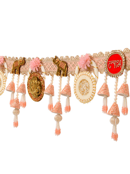 Pink & White Embroidered Beaded Tassel Door Toran