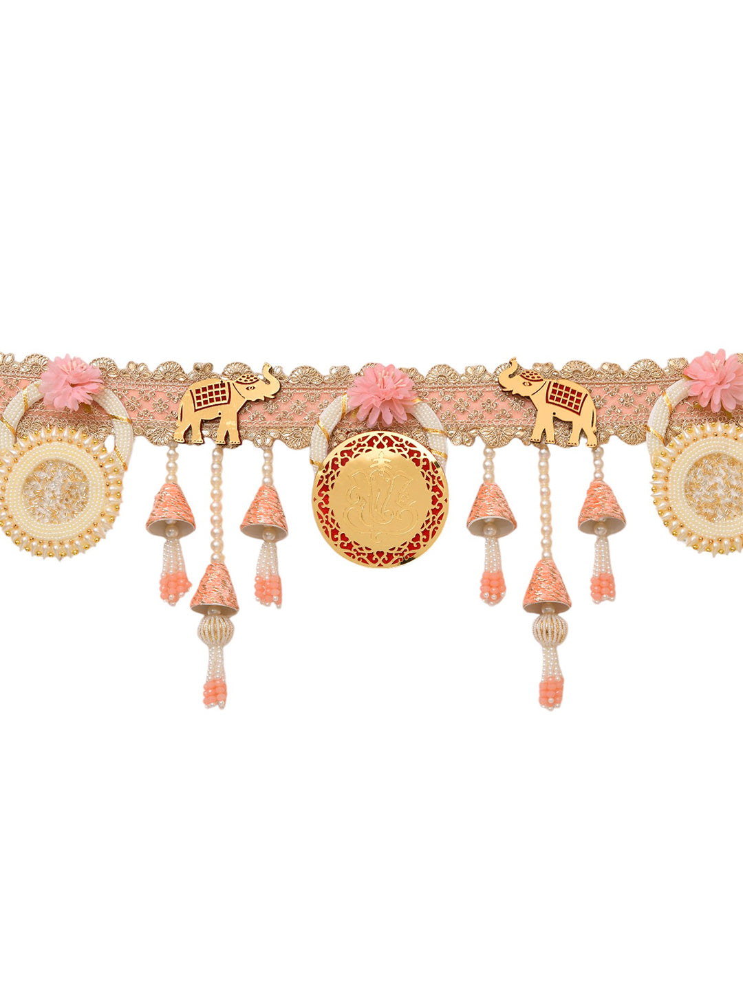 Pink & White Embroidered Beaded Tassel Door Toran