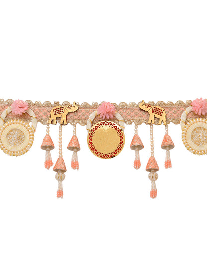Pink & White Embroidered Beaded Tassel Door Toran