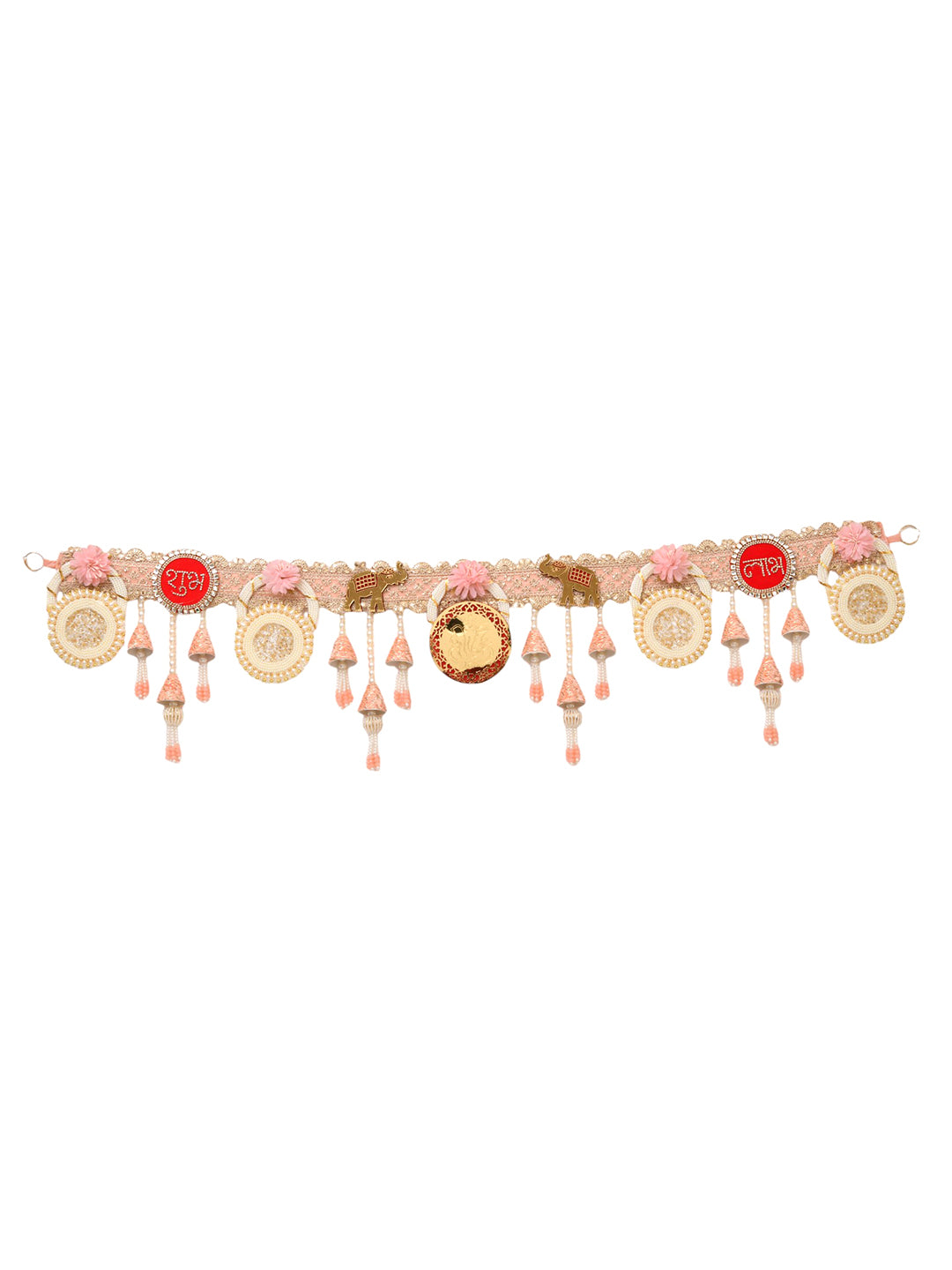 Pink & White Embroidered Beaded Tassel Door Toran