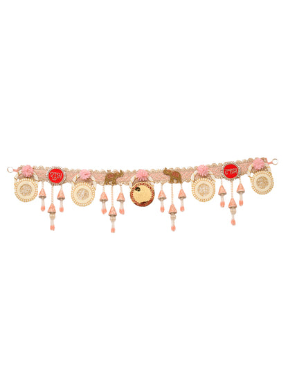 Pink & White Embroidered Beaded Tassel Door Toran