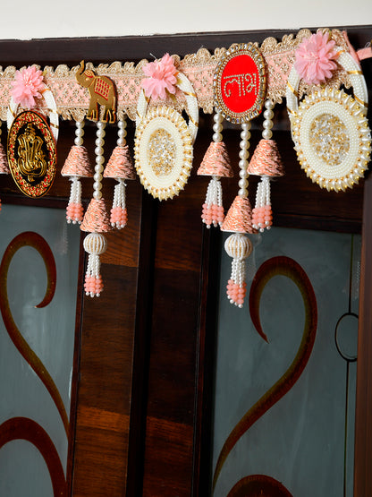 Pink & White Embroidered Beaded Tassel Door Toran