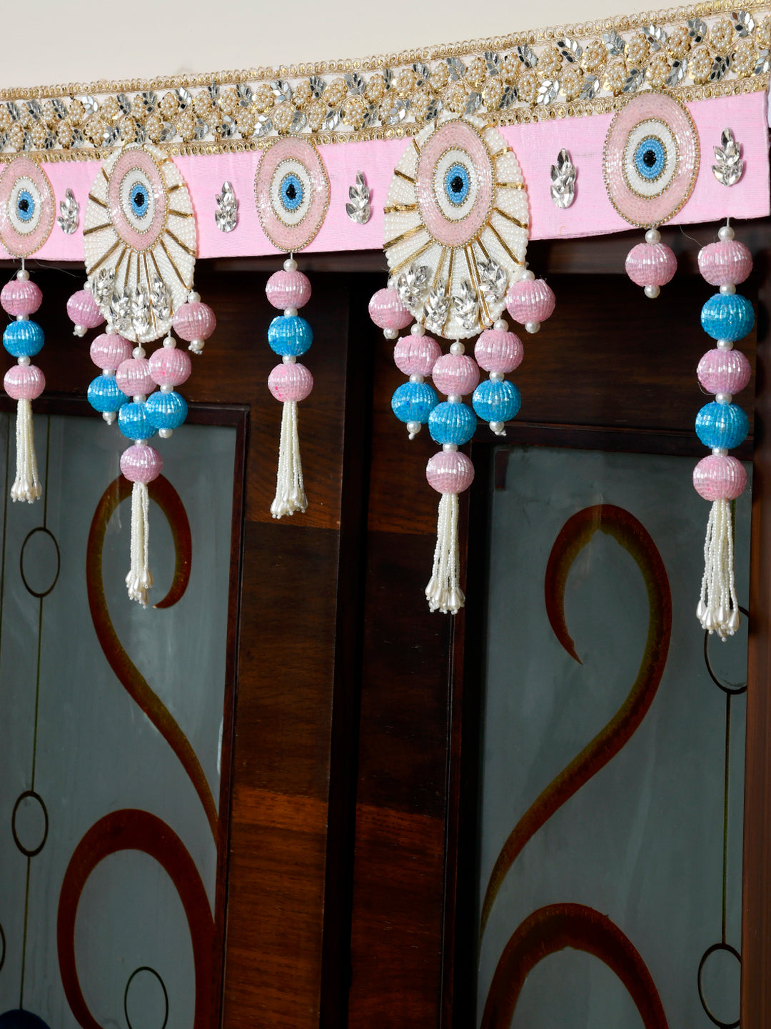Pink & Blue Embroidered Beaded Door Toran