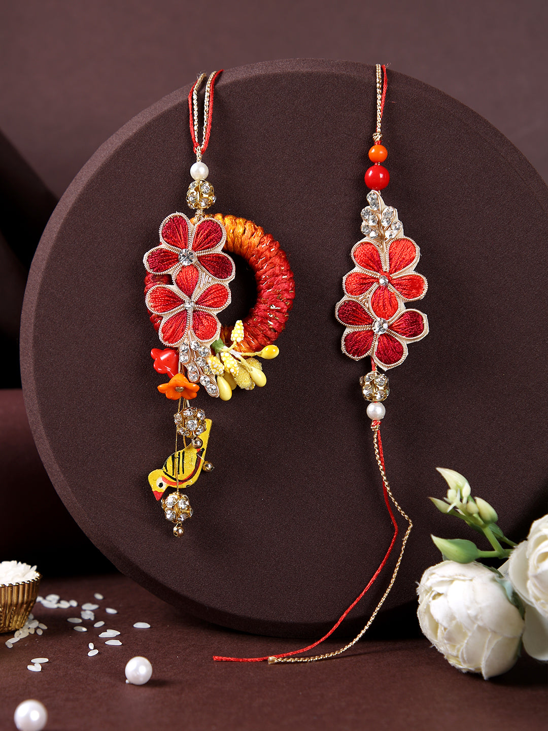 Red Zerdosi Worl Bhaiya Bhabhi Rakhi Set with a Beautiful Box