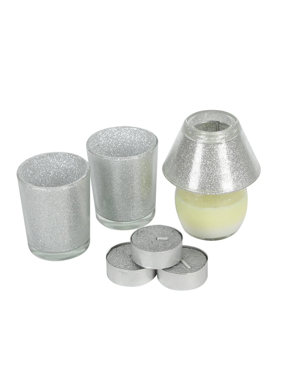 Lamp Shaped Glittery Silver Tealight and Glass Jar Candles Set