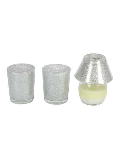 Lamp Shaped Glittery Silver Tealight and Glass Jar Candles Set