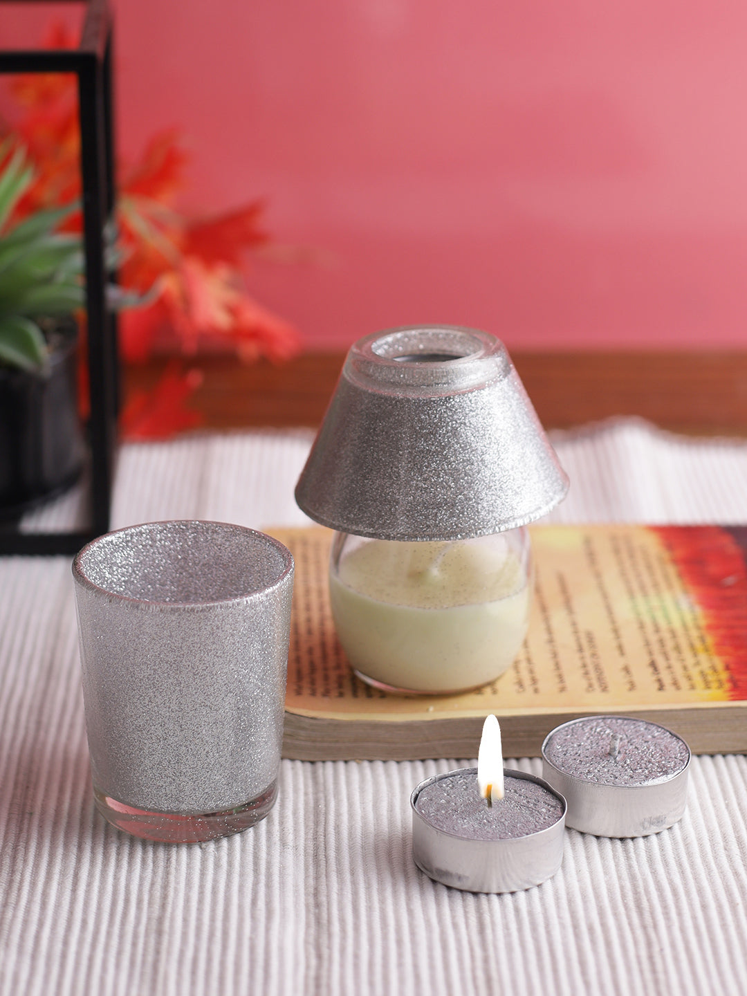 Lamp Shaped Glittery Silver Tealight and Glass Jar Candles Set