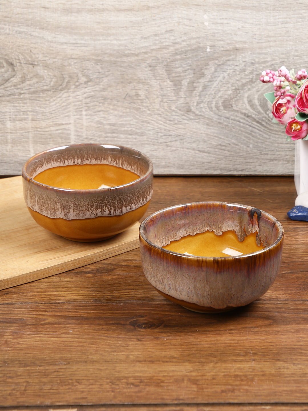 Handpainted Ceramic Bowl Set of 2 in Mustard