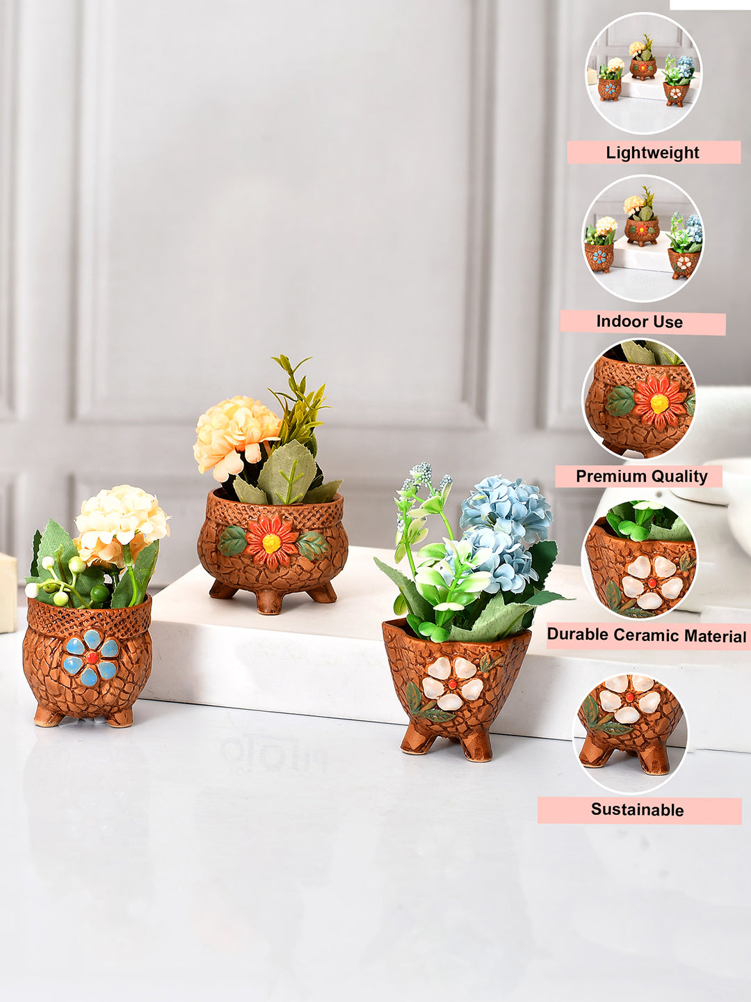 Set of 3 Nature's Embrace Painted Ceramic Planters