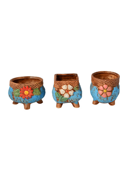 Set Of 3 Enamel Painted Flower Design Ceramic Planters