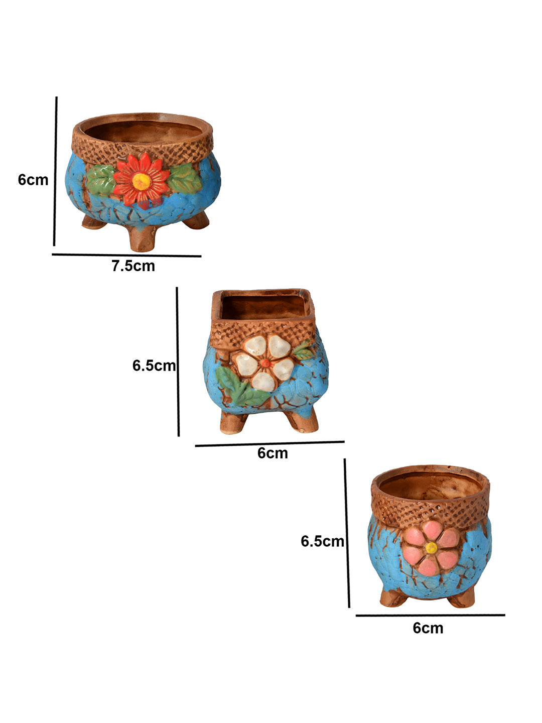 Set Of 3 Enamel Painted Flower Design Ceramic Planters