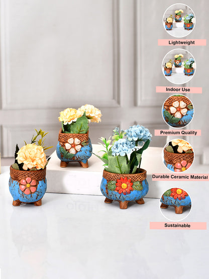 Set Of 3 Enamel Painted Flower Design Ceramic Planters