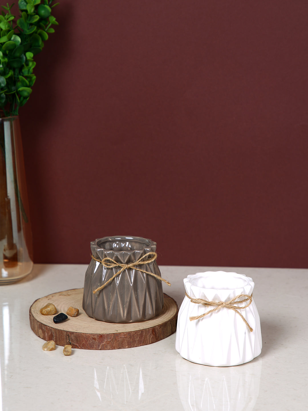 Rustic Charm White & Brown 2 Pieces Textured Ceramic Vases