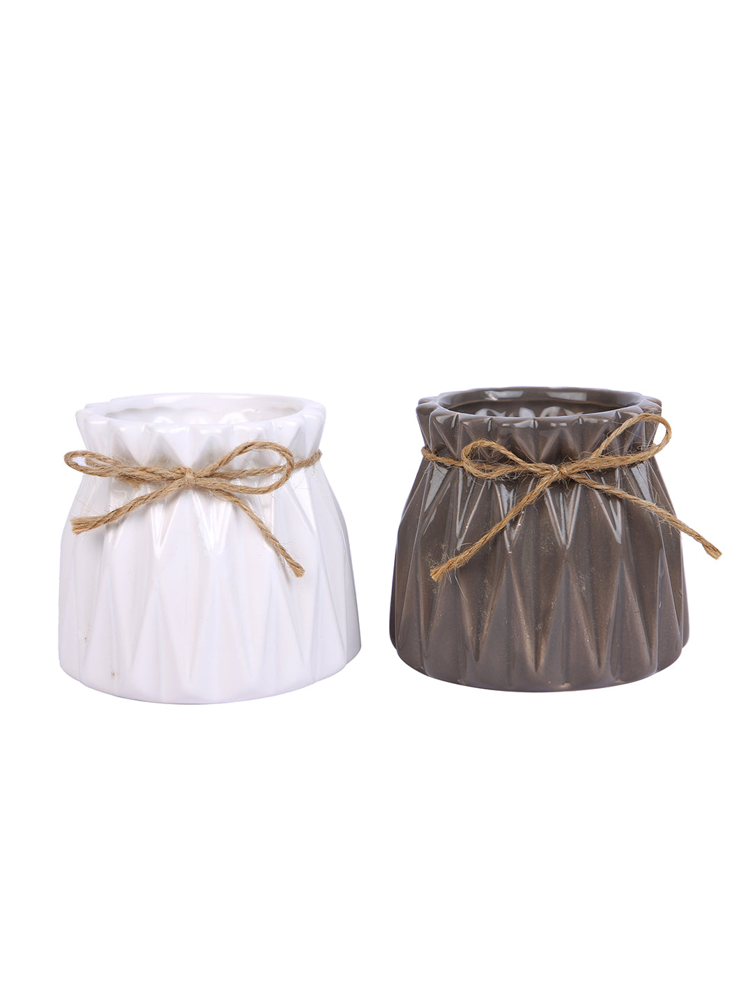 Rustic Charm White & Brown 2 Pieces Textured Ceramic Vases