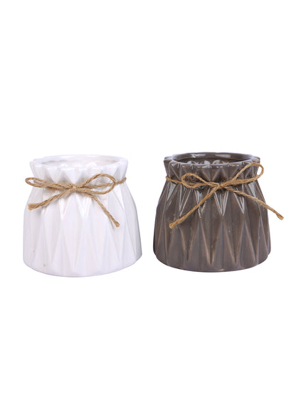 Rustic Charm White & Brown 2 Pieces Textured Ceramic Vases