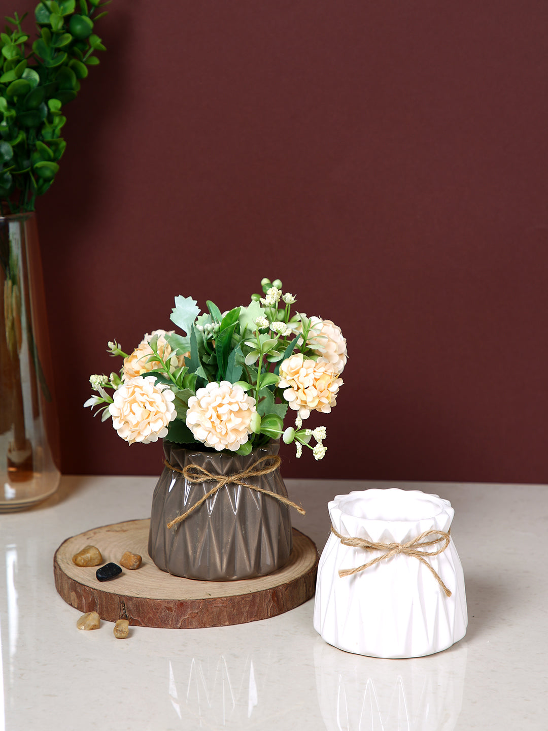 Rustic Charm White & Brown 2 Pieces Textured Ceramic Vases