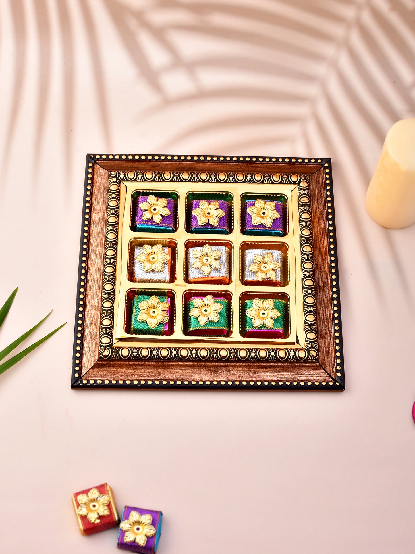 Set Of 3 Kundan Embellished Rakhi with Box of 9 handmade chocolates