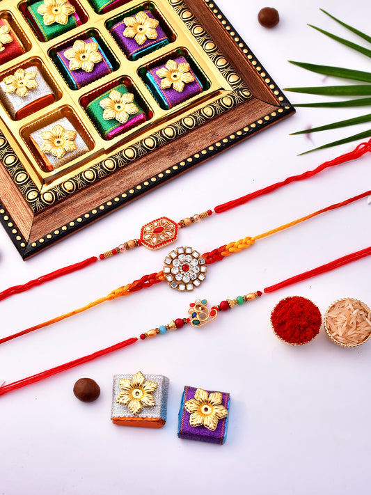 Set Of 3 Kundan Embellished Rakhi with Box of 9 handmade chocolates