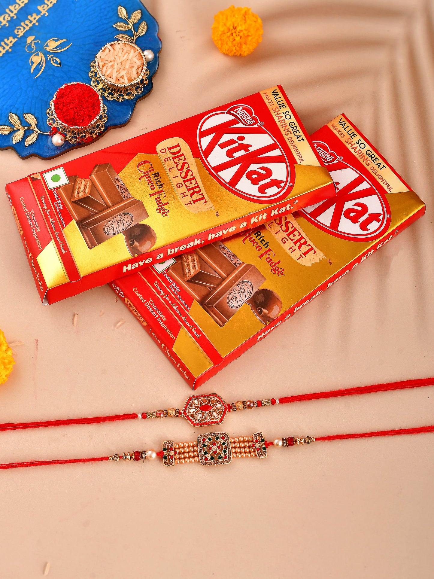 Set Of 2 Ethnic Handcrafted Rakhi with 2 KitKat Chocolates