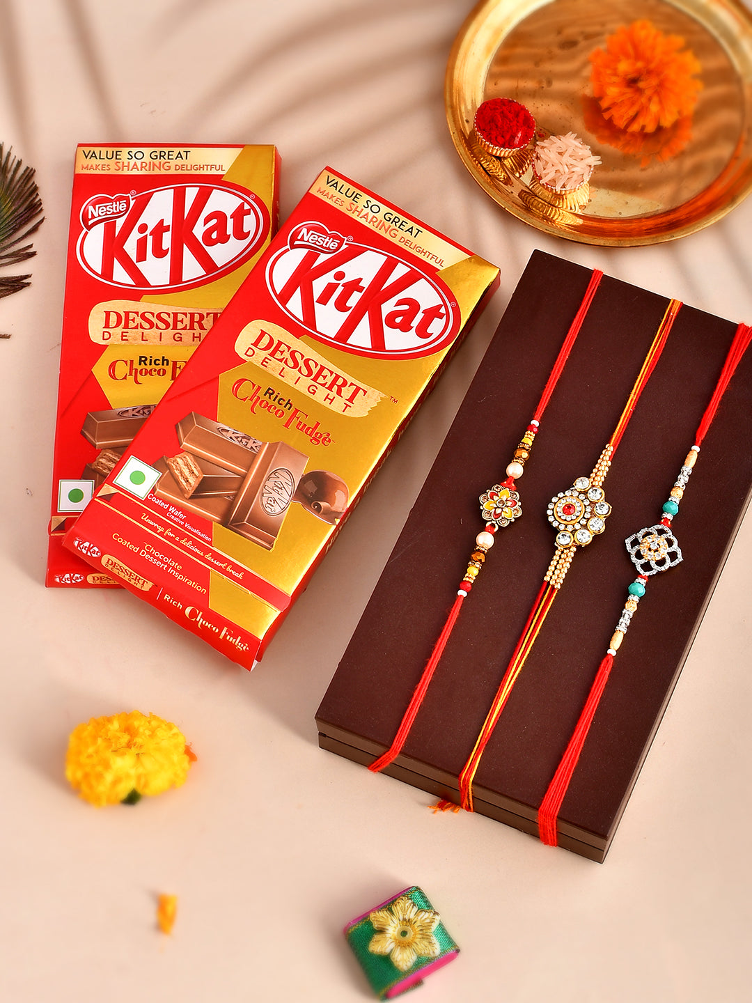 Set Of 3 Ethnic Handcrafted Rakhi with 2 KitKat Chocolates
