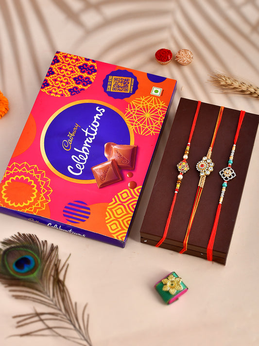 Set Of 3 Handcrafted Rakhi with Cadbury Celebrations