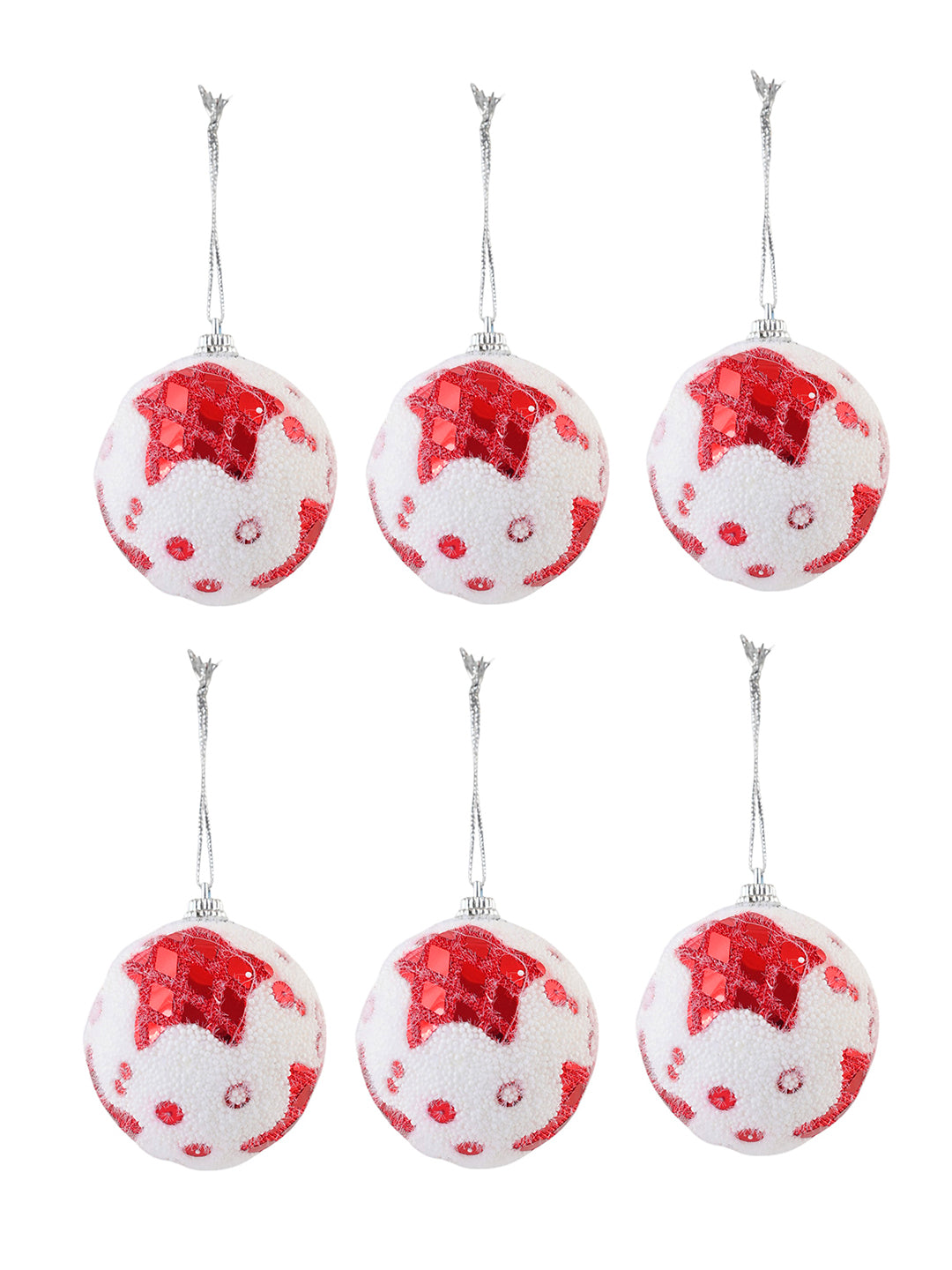 6-Pcs Red & White Fuzzy Christmas Balls