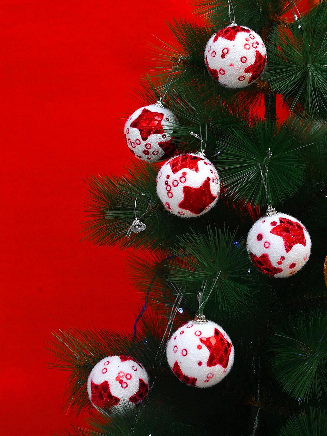 6-Pcs Red & White Fuzzy Christmas Balls